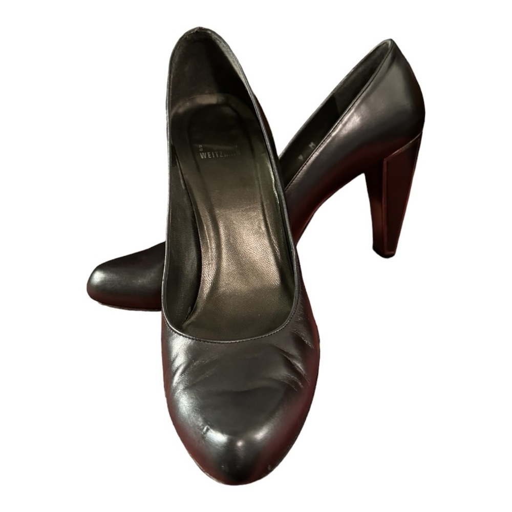 Stuart Weitzman Black Leather Pumps with Silver Accent Block Heel, Size 9 - Picture 4 of 12